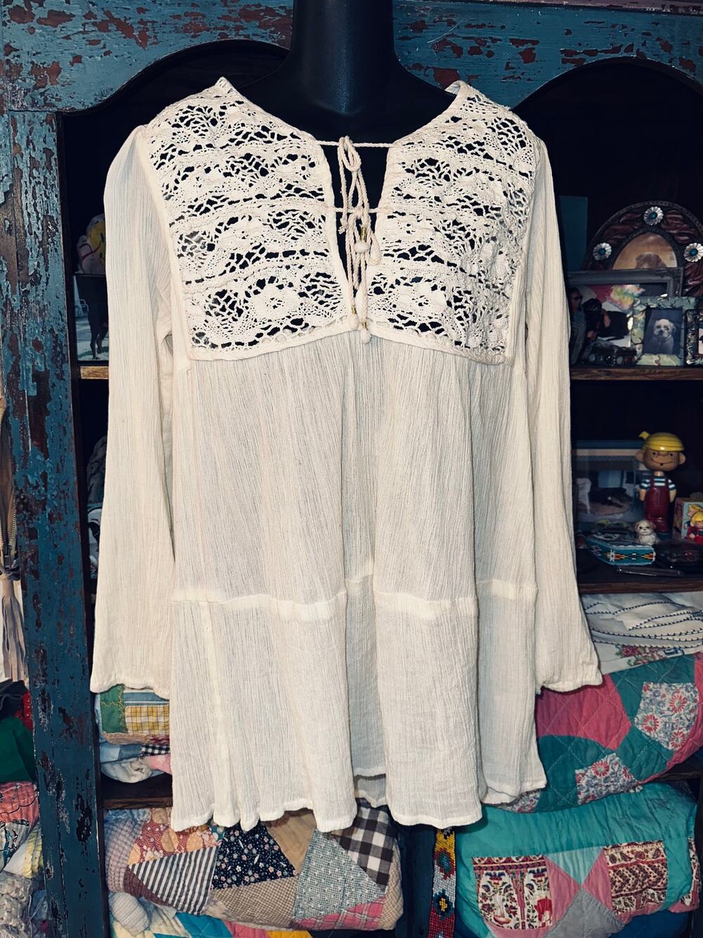 NEW BLUE HIPPY COTTON GAUZE LACE INSET TUNIC TOP M/L COTTAGECORE BOHO